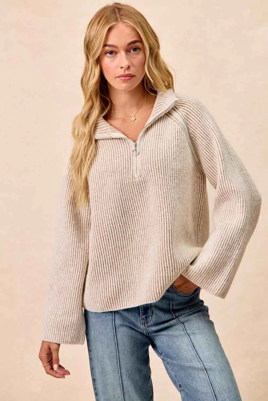 BiBi Two Tone Rib Texured Knit Collared Top with Zip Up