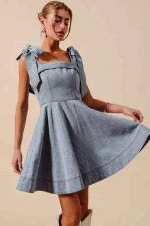 SO ME A Line Fit and Flare Diamond Bow Ribbon Denim Dres