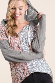 BiBi Popcorn Waffle Knit Hoodie with Print Block Front