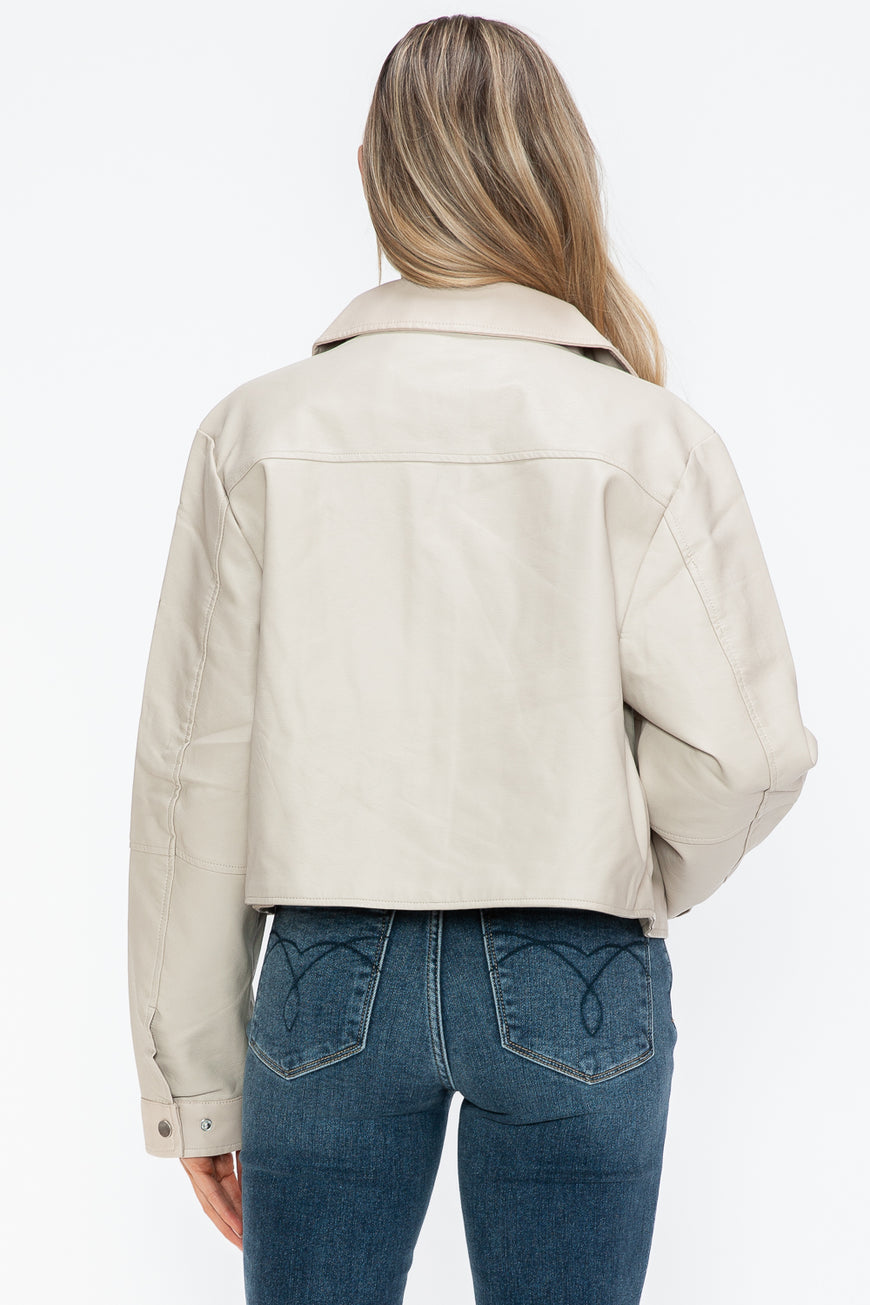 Snobbish Snap Down Long Sleeve PU Leather Jacket - TopFashionHQ