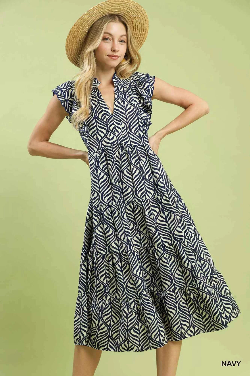 Umgee Leaf Print Tiered Midi Dress with Ruffle Detail