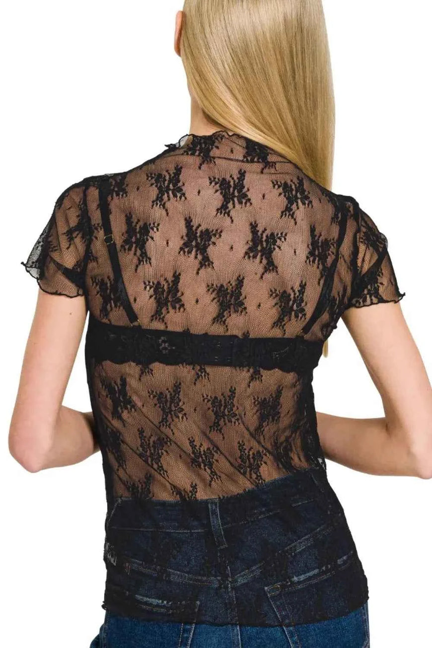 Zenana Lace See-through Layering Short Sleeve Top