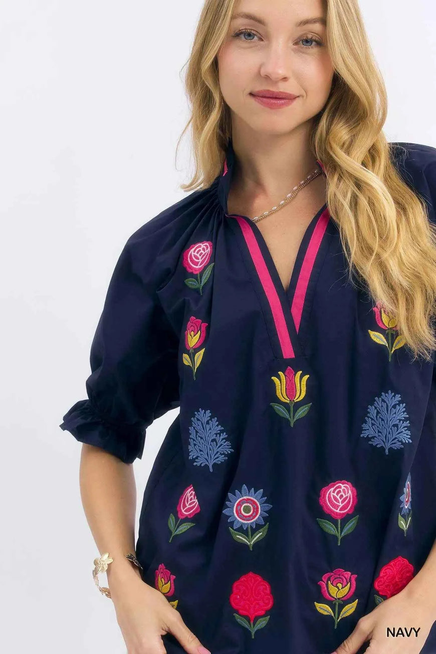Umgee Embroidered Floral Top with Contrast Trim