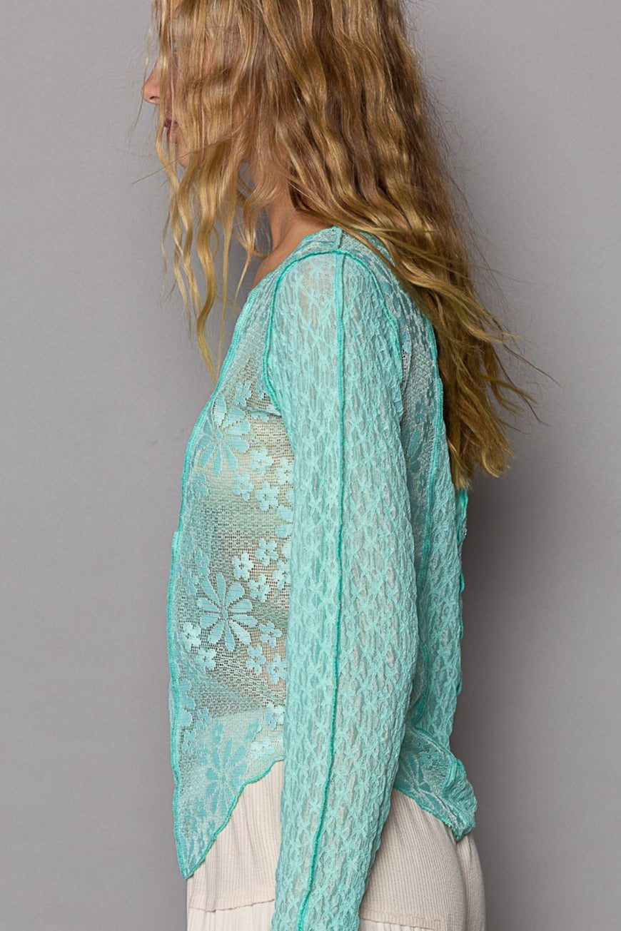 POL Exposed Seam Long Sleeve Lace Knit Top - TopFashionHQ