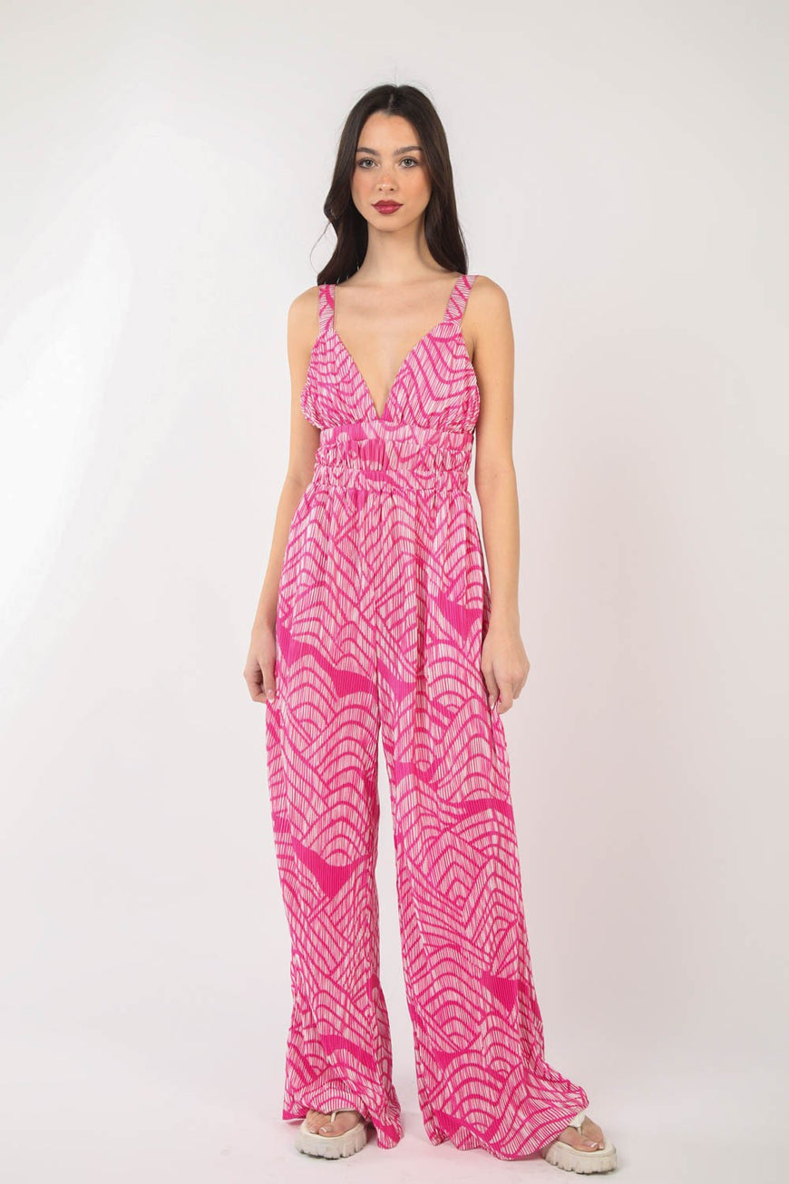 VERY J Printed Pleated Sleeveless Wide Leg Jumpsuit - TopFashionHQ
