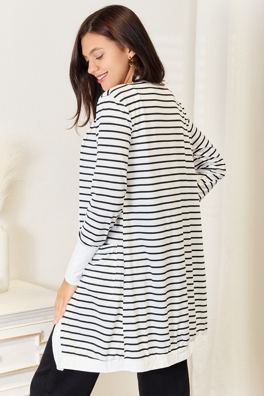 Double Take Striped Open Front Longline Cardigan - TopFashionHQ