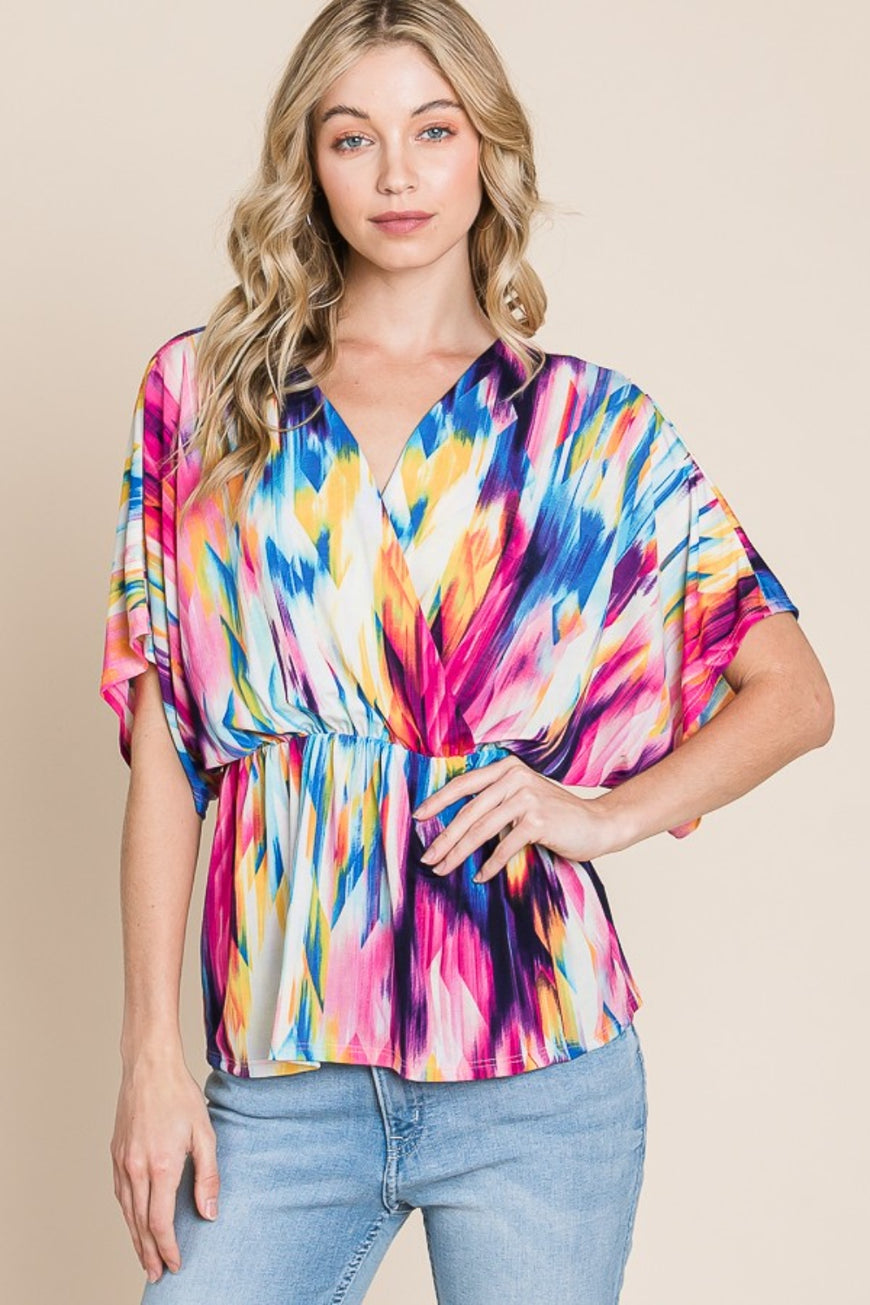 BOMBOM Printed Surplice Peplum Blouse - TopFashionHQ