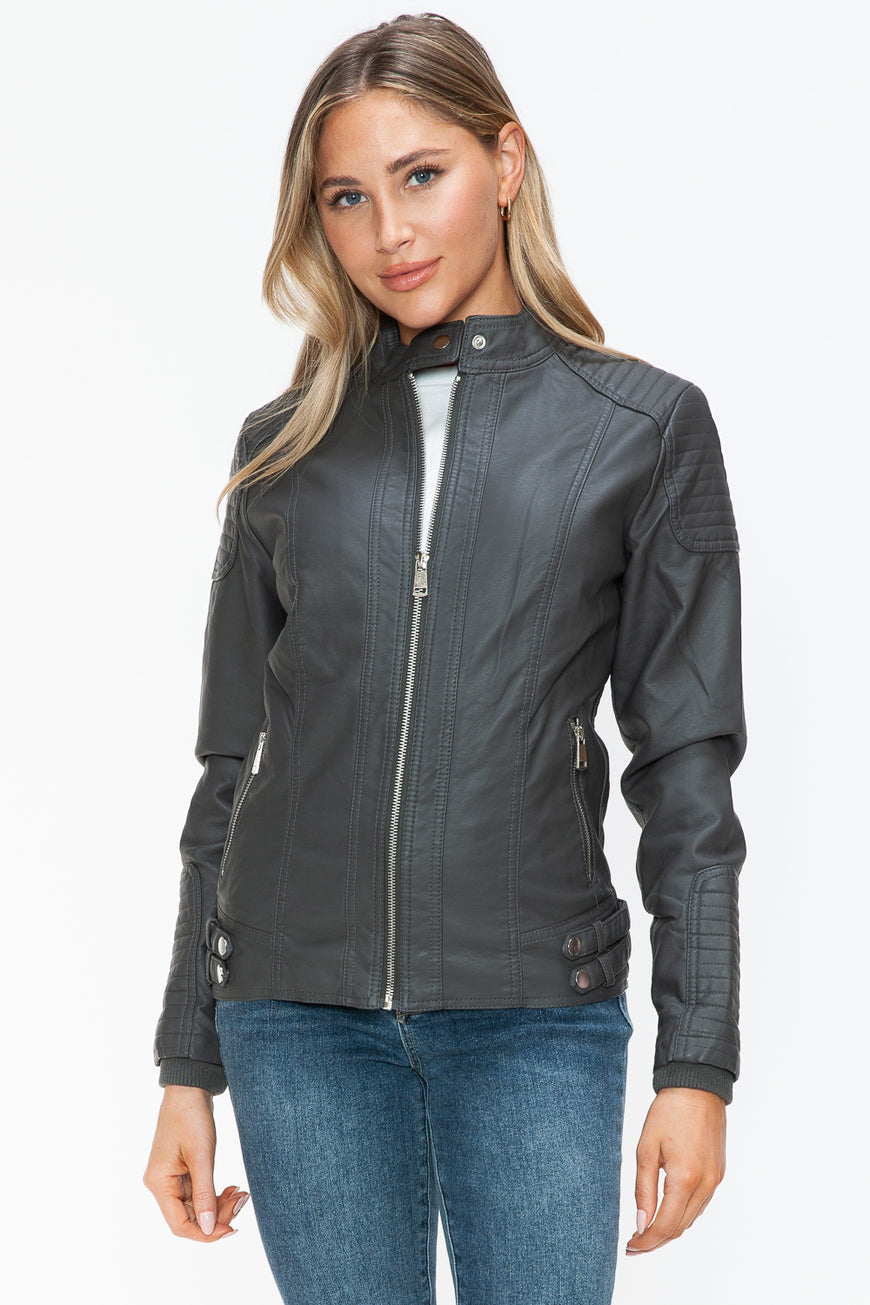 Snobbish Faux Leather Biker Jacket with Side Zip Pockets - TopFashionHQ