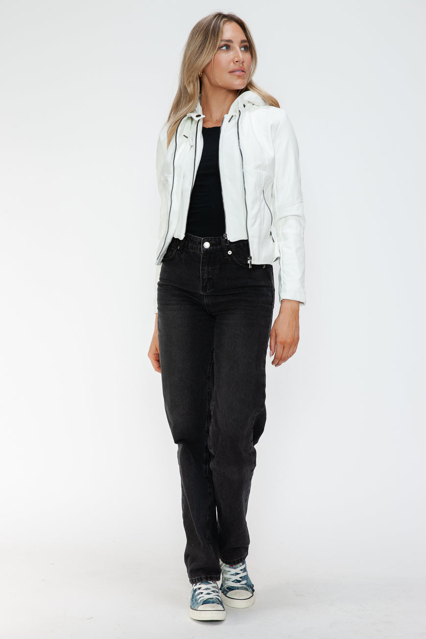 Snobbish Faux Leather Zip Up Drawstring Hooded Jacket - TopFashionHQ