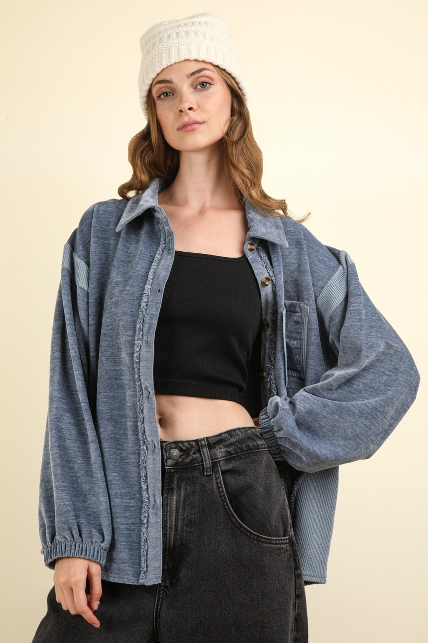 VERY J Mixed Media Button Down Raw Hem Shacket - TopFashionHQ