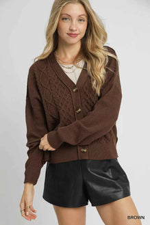Umgee Chunky Cable Knit V-Neck Button-Up Cardigan