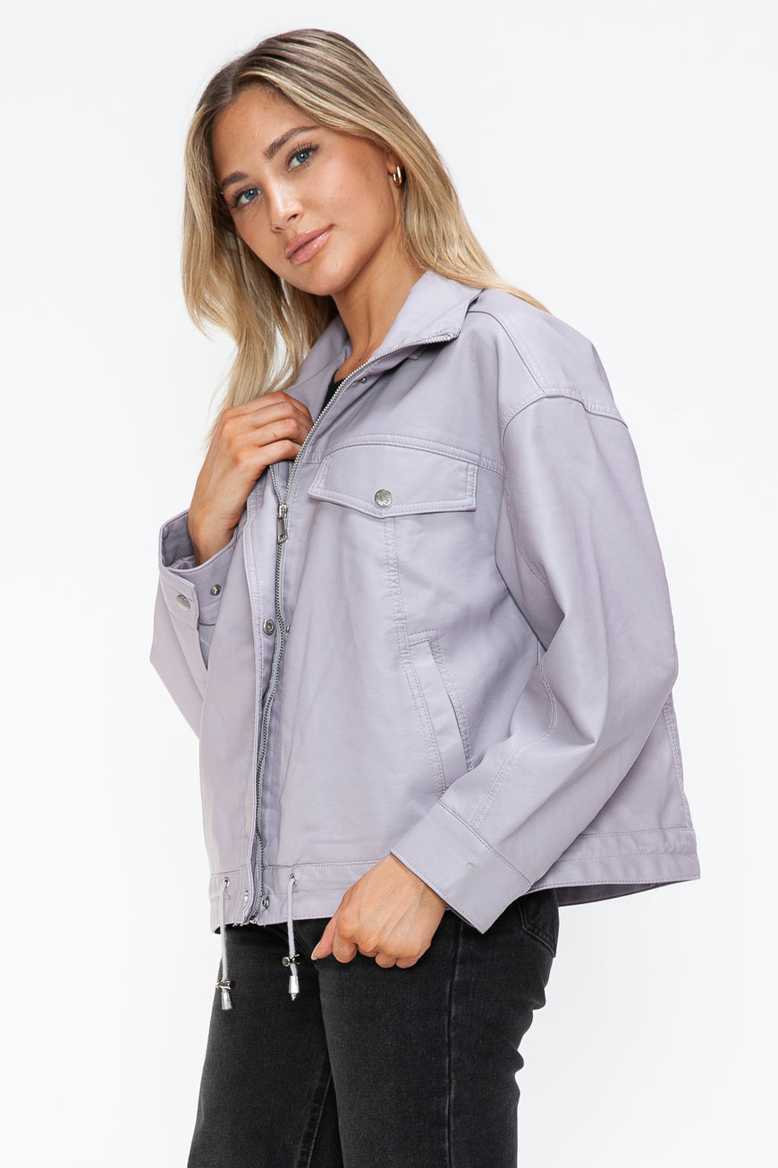 How Dare U Drawstring Hem PU Leather Zip Up Jacket - TopFashionHQ