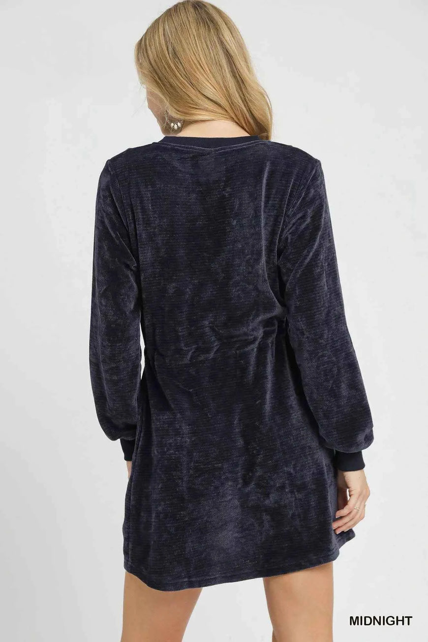 Umgee Velour Drawstring Mini Dress with Long Sleeves