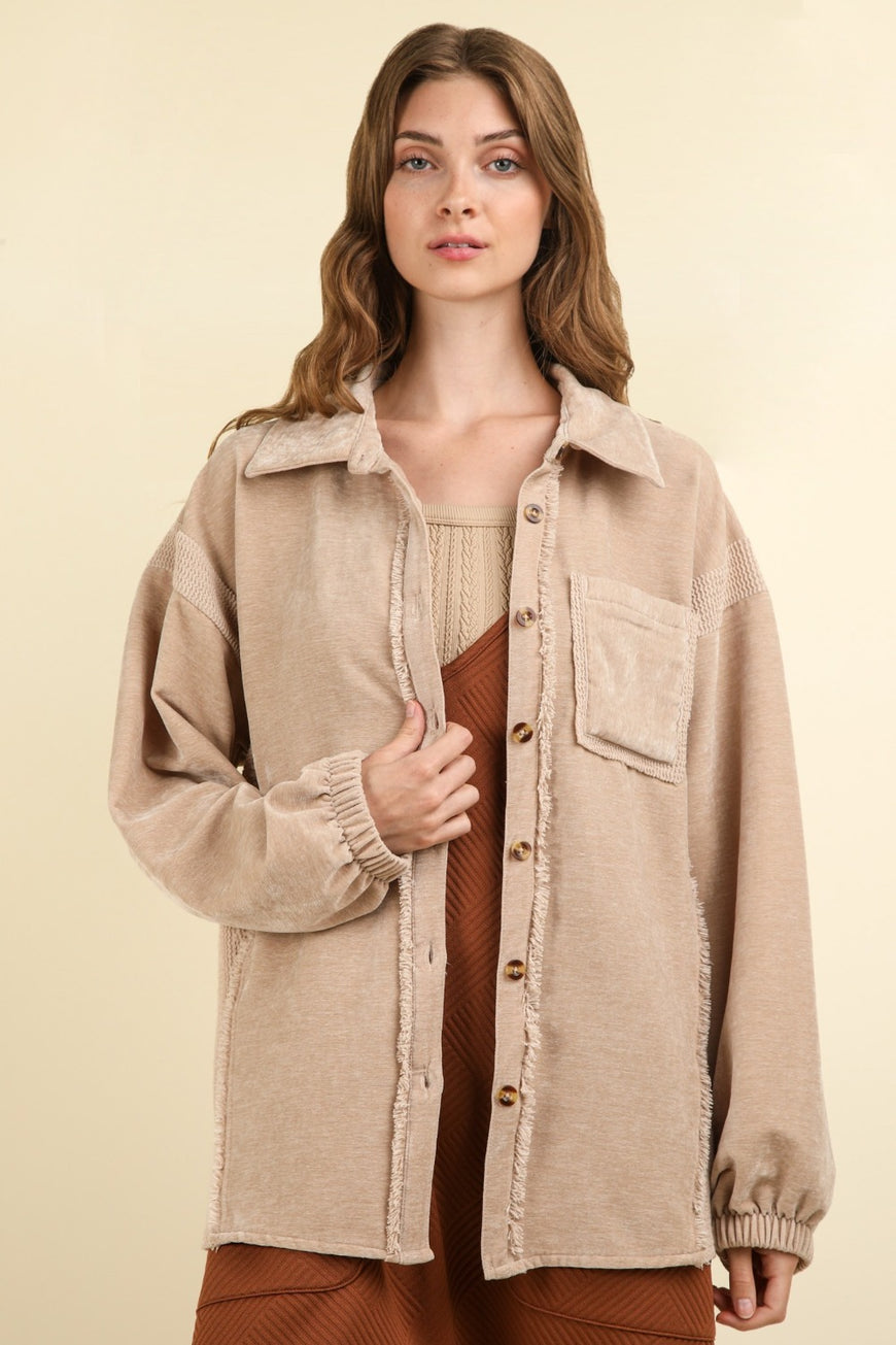 VERY J Mixed Media Button Down Raw Hem Shacket - TopFashionHQ