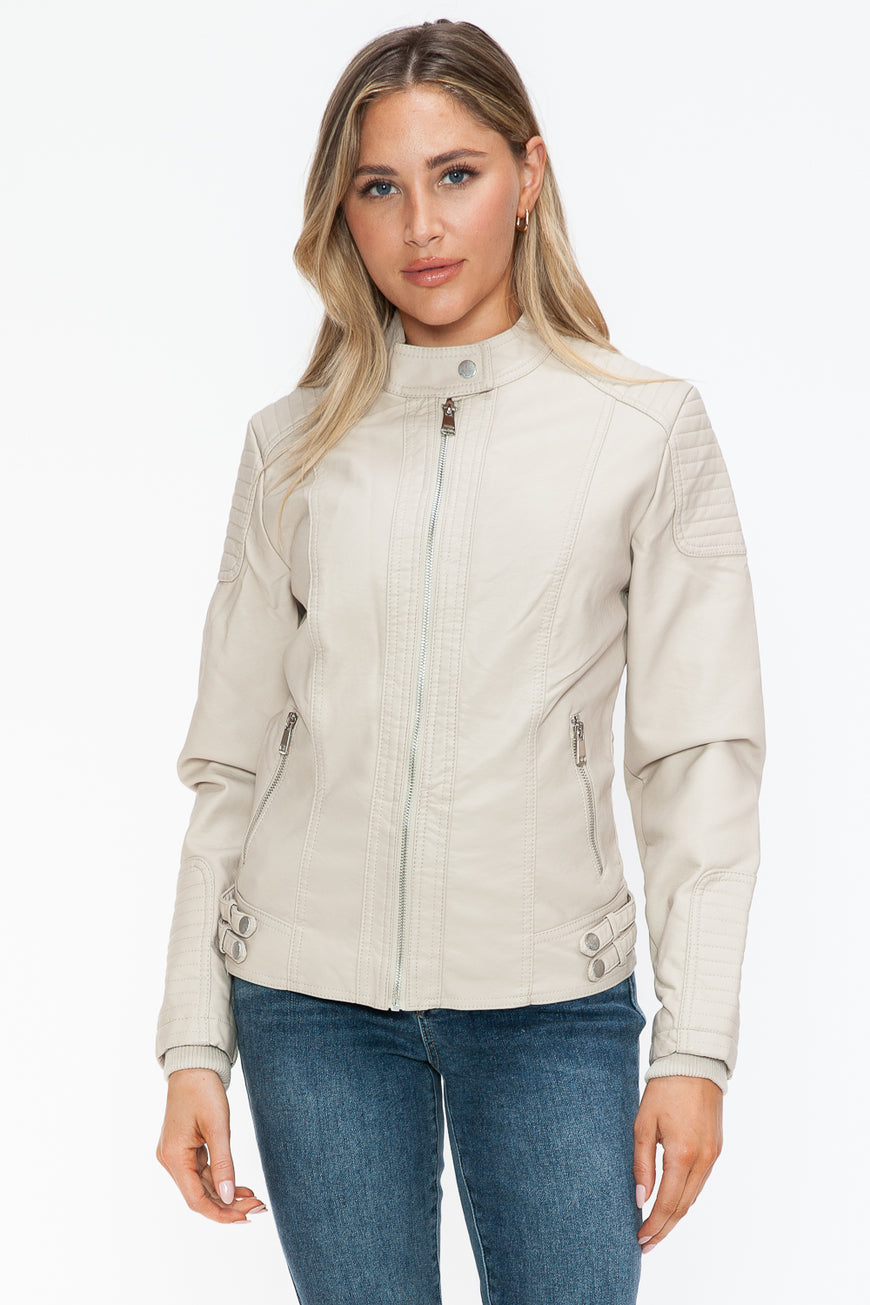 Snobbish Faux Leather Biker Jacket with Side Zip Pockets - TopFashionHQ