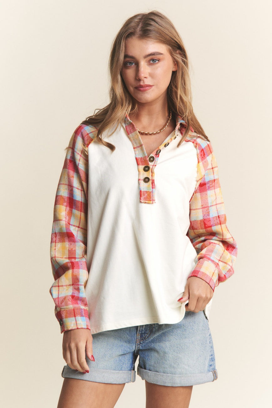 J.NNA Plaid Contrast Button Down Henley Top - TopFashionHQ