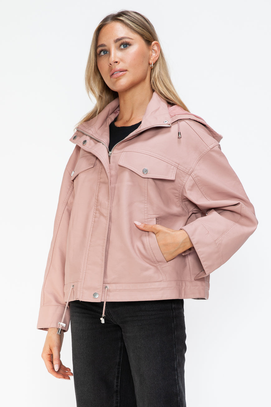 How Dare U Drawstring Hem PU Leather Zip Up Jacket - TopFashionHQ