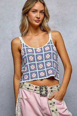 POL Scalloped Edge Cropped Crochet Cami with Granny Square Pattern