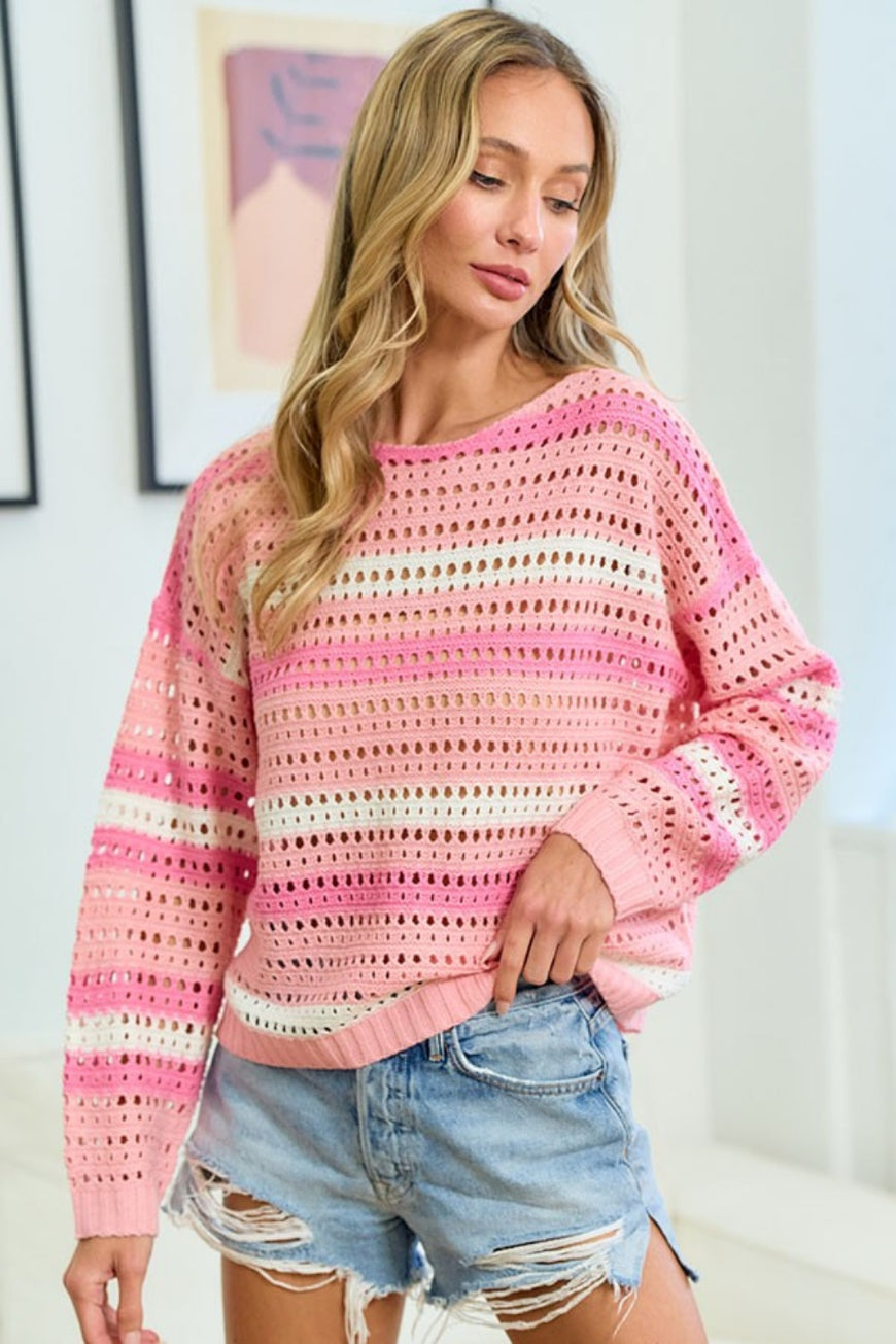 First Love Striped Long Sleeve Openwork Knit Top - TopFashionHQ