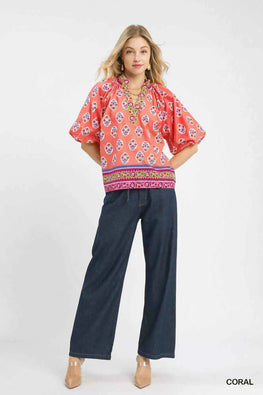 Umgee Boho Border Print Peasant Top