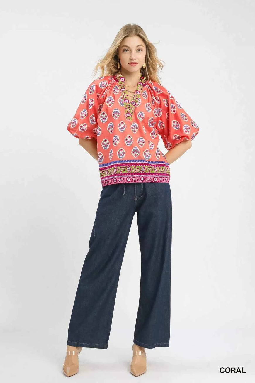 Umgee Boho Border Print Peasant Top
