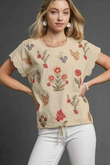 Umgee Embroidered Scallop Sleeve Top with Drawstring Hem