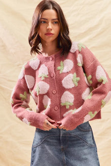SO ME Strawberry Fruit All Over Button Sweater Cardigan