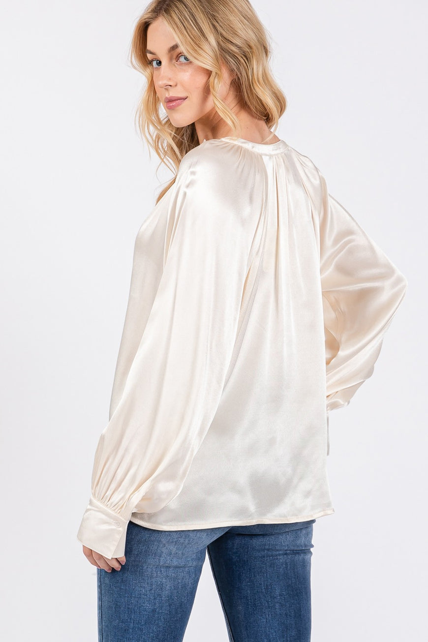 SAGE + FIG Notched Long Sleeve Blouse - TopFashionHQ