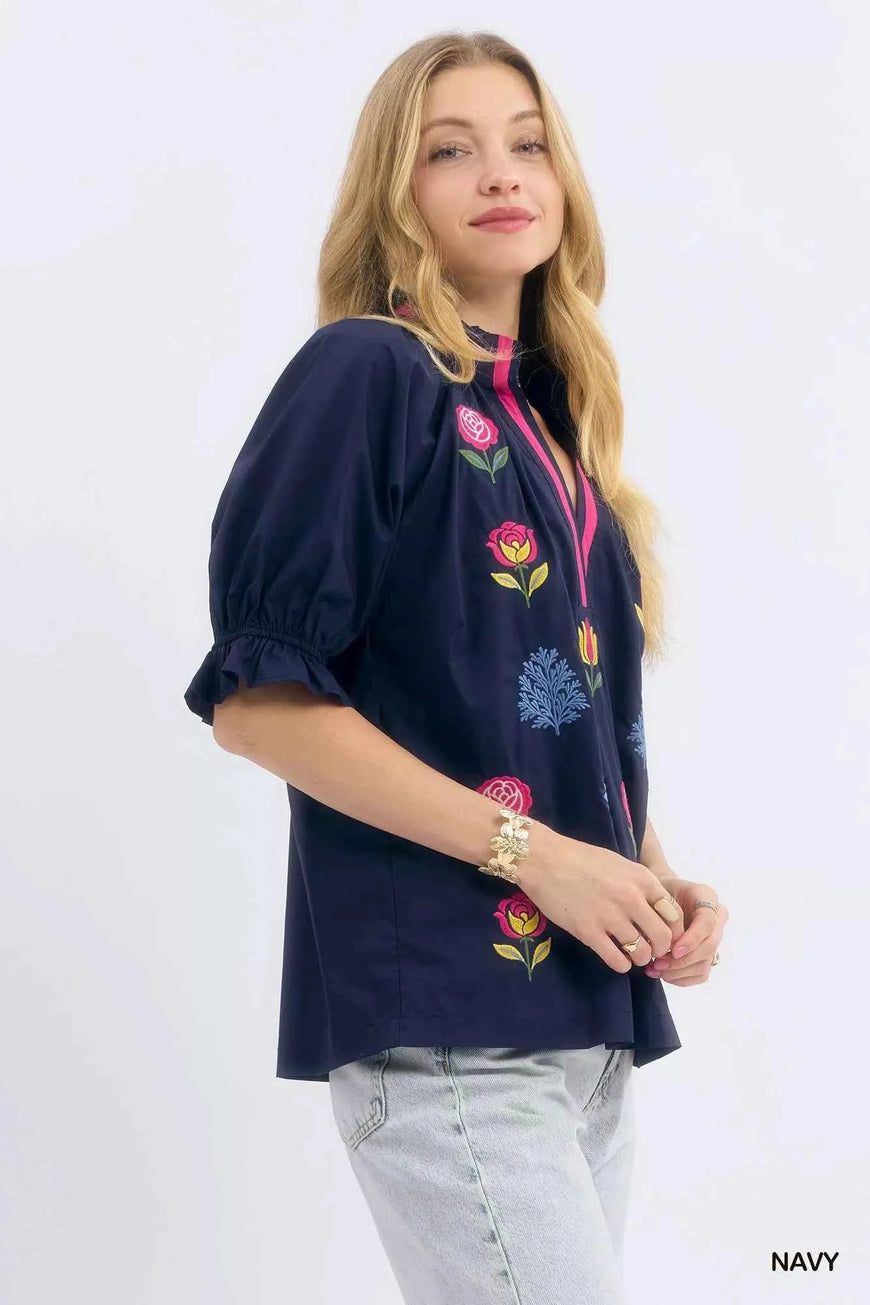 Umgee Embroidered Floral Top with Contrast Trim