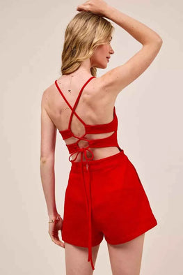 SO ME Fitted Open Back Game Day Romper with Lace Up Deta
