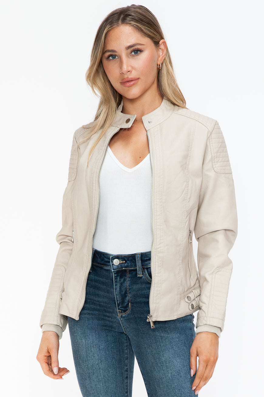 Snobbish Faux Leather Biker Jacket with Side Zip Pockets - TopFashionHQ