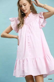 Umgee Stripe Smocked Yoke Ruffle Dress