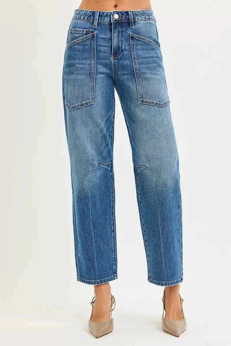 RISEN 4 Way Stretch Mid Rise Barrel Jeans with Patch Pocket Detail
