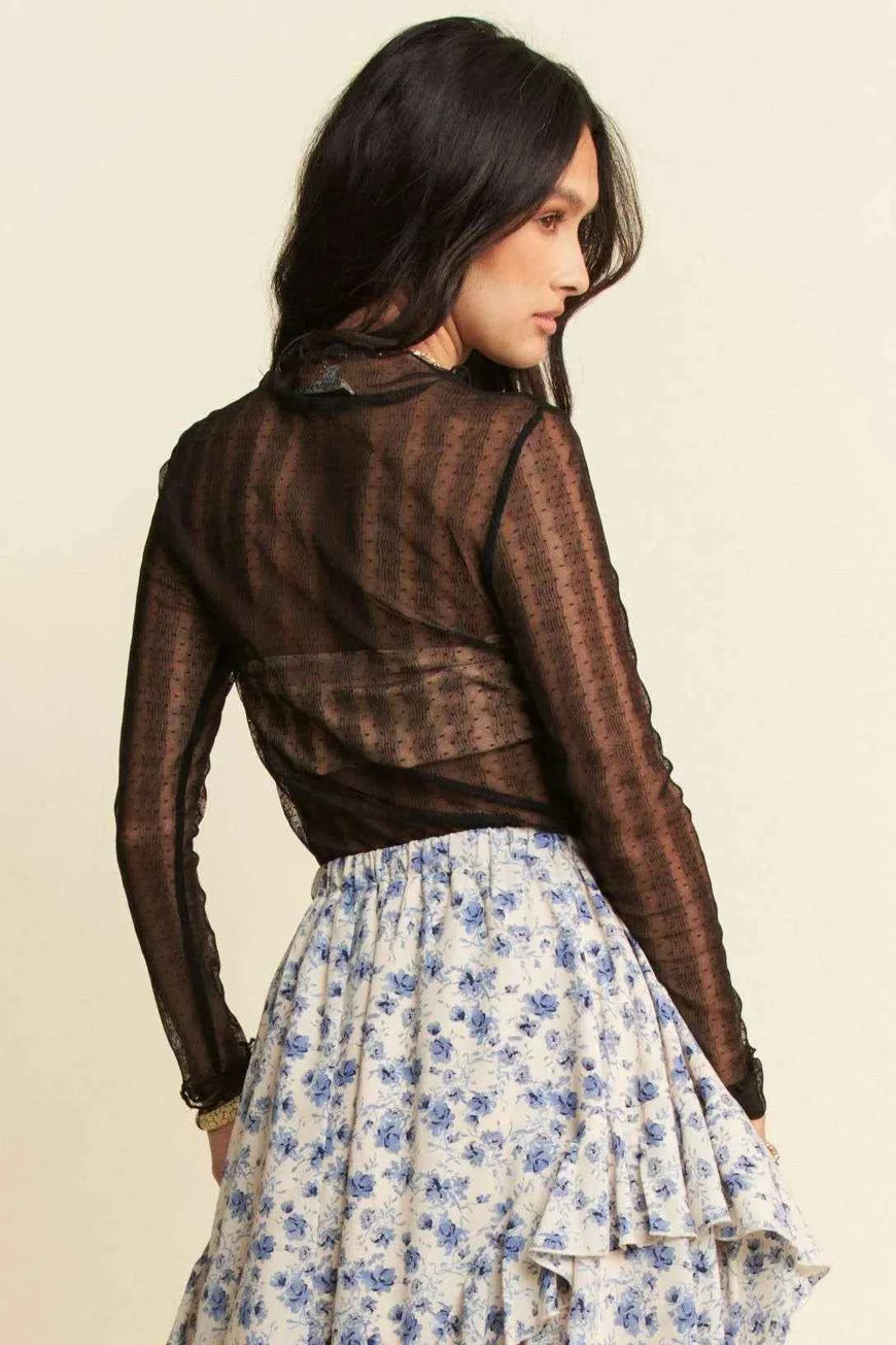 Davi & Dani Turtle Neck Lace Dotted Stretch Mesh Sheer Top