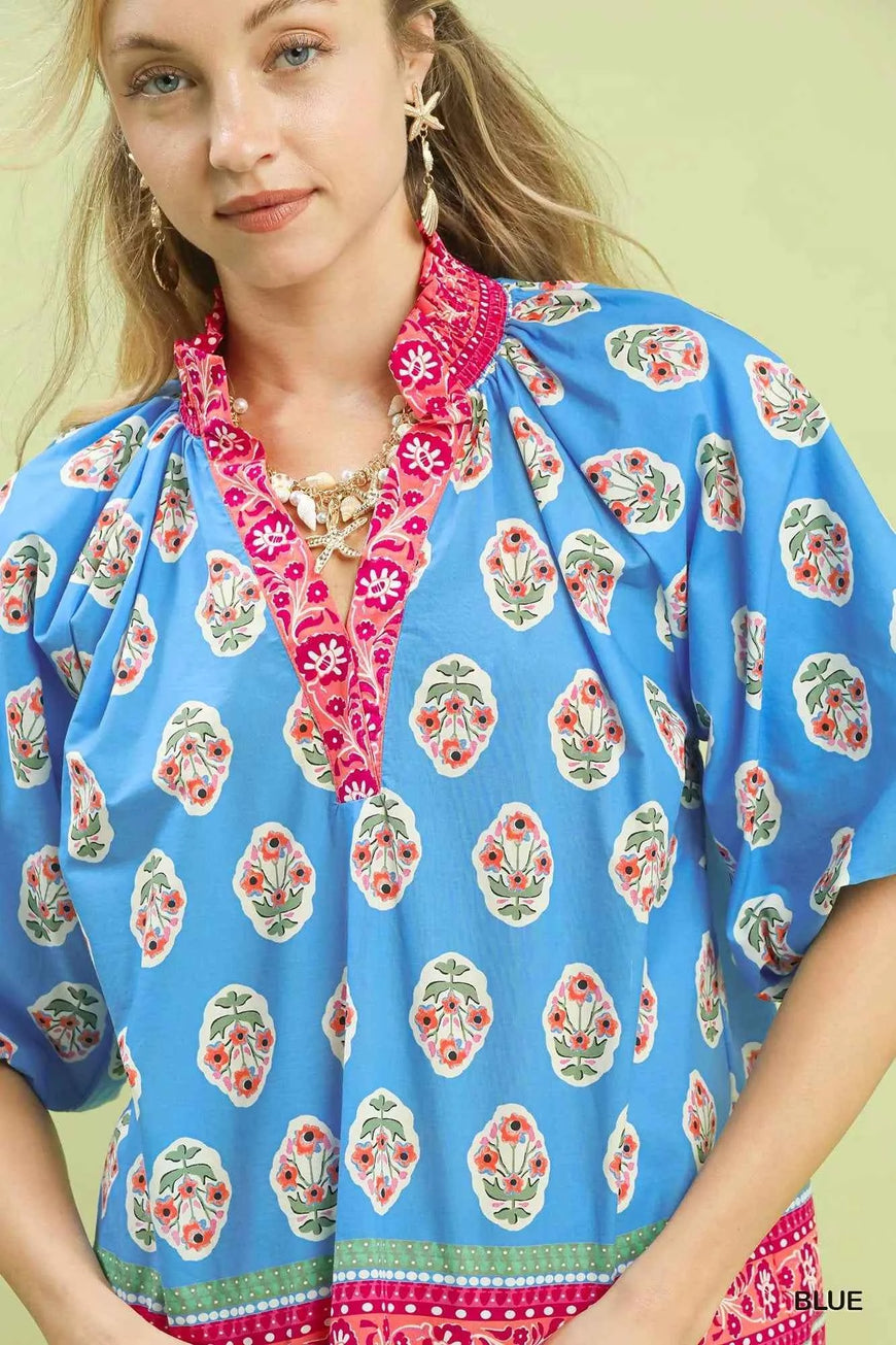 Umgee Boho Border Print Peasant Top