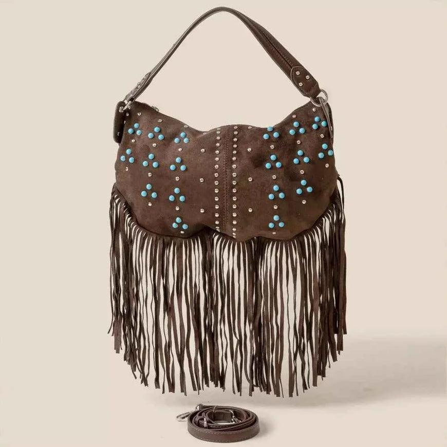 Fame Studded Pattern Multi Fringe Hobo Shoulder Bag