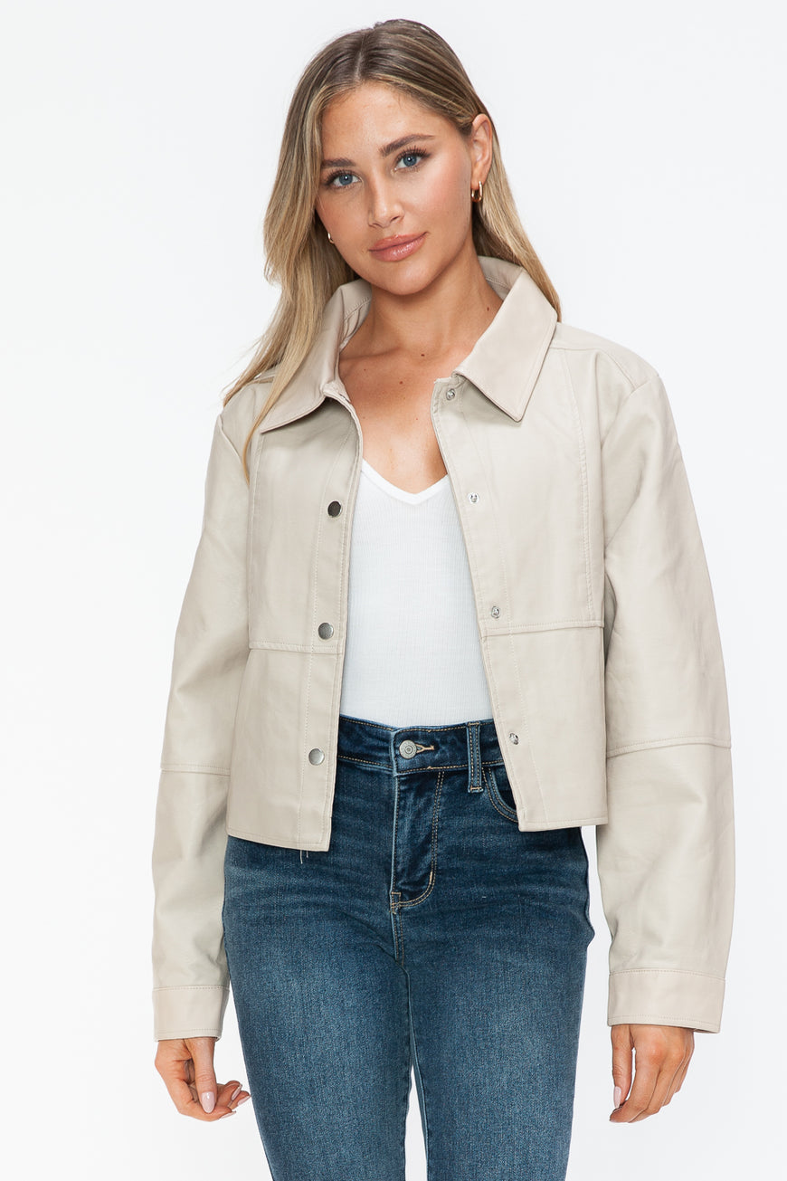 Snobbish Snap Down Long Sleeve PU Leather Jacket - TopFashionHQ
