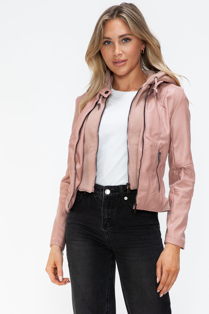 Snobbish Faux Leather Zip Up Drawstring Hooded Jacket - TopFashionHQ