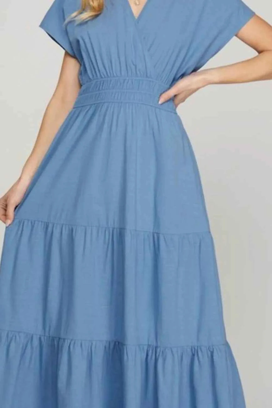 She + Sky Surplice Short Sleeve Tiered Maxi Dress With Pockets