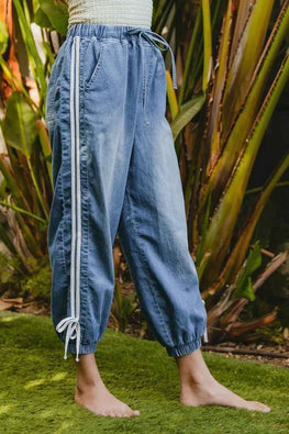 BiBi Striped Tape Details With Bot Tied Point Elastic Waist Jeans