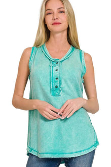 Zenana Washed Half-Button Raw Edge Sleeveless Henley Top