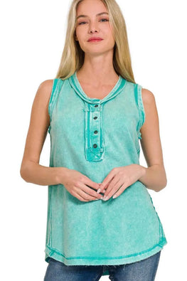 Zenana Washed Half-Button Raw Edge Sleeveless Henley Top