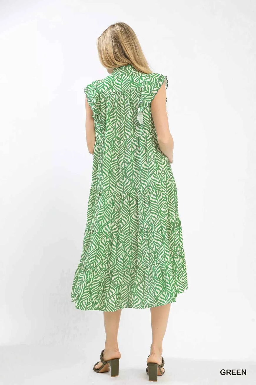 Umgee Leaf Print Tiered Midi Dress with Ruffle Detail