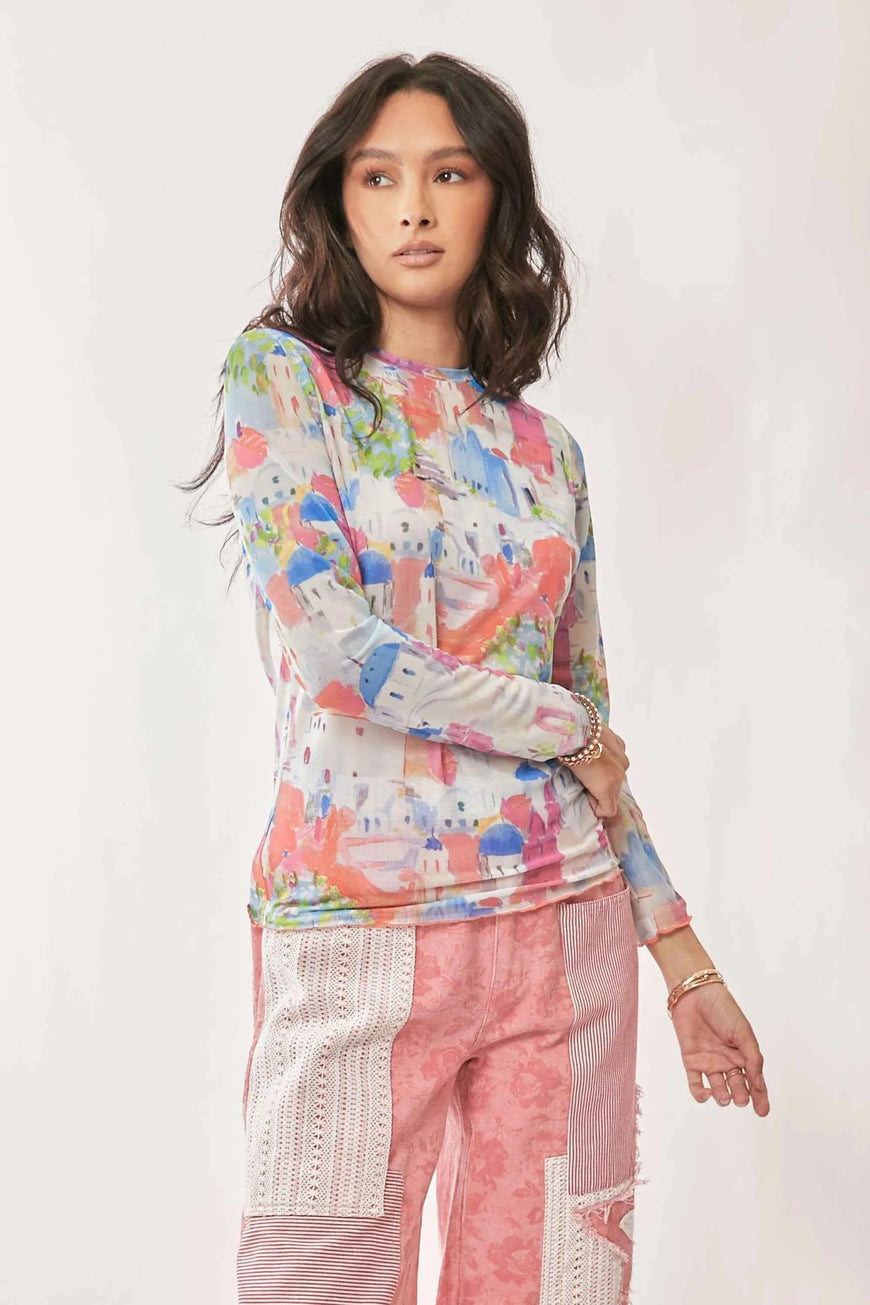 Davi & Dani Multi Printed Mesh Round Neck Long Sleeve Top