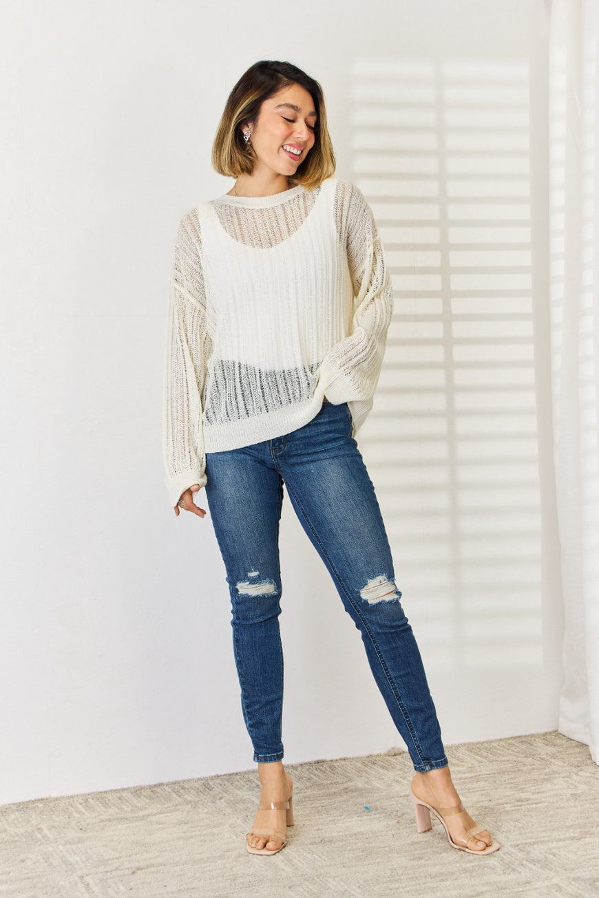HYFVE Openwork Ribbed Trim Long Sleeve Knit Top - TopFashionHQ