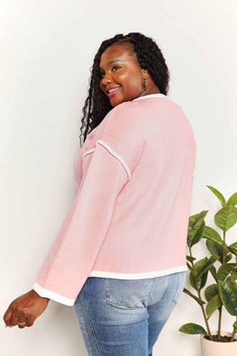 Double Take Contrast Detail Dropped Shoulder Knit Top - TopFashionHQ