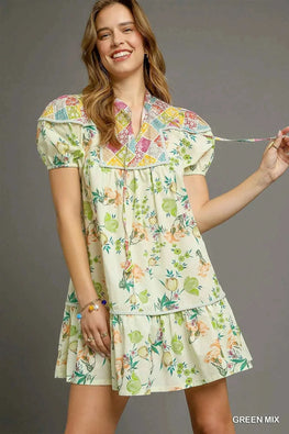 Umgee Floral Print Tie Neck Puff Sleeve Dress