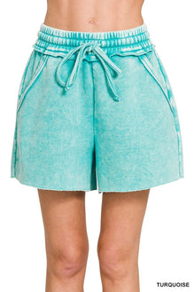 Zenana Acid Wash Fleece Drawstring Shorts With Pockets