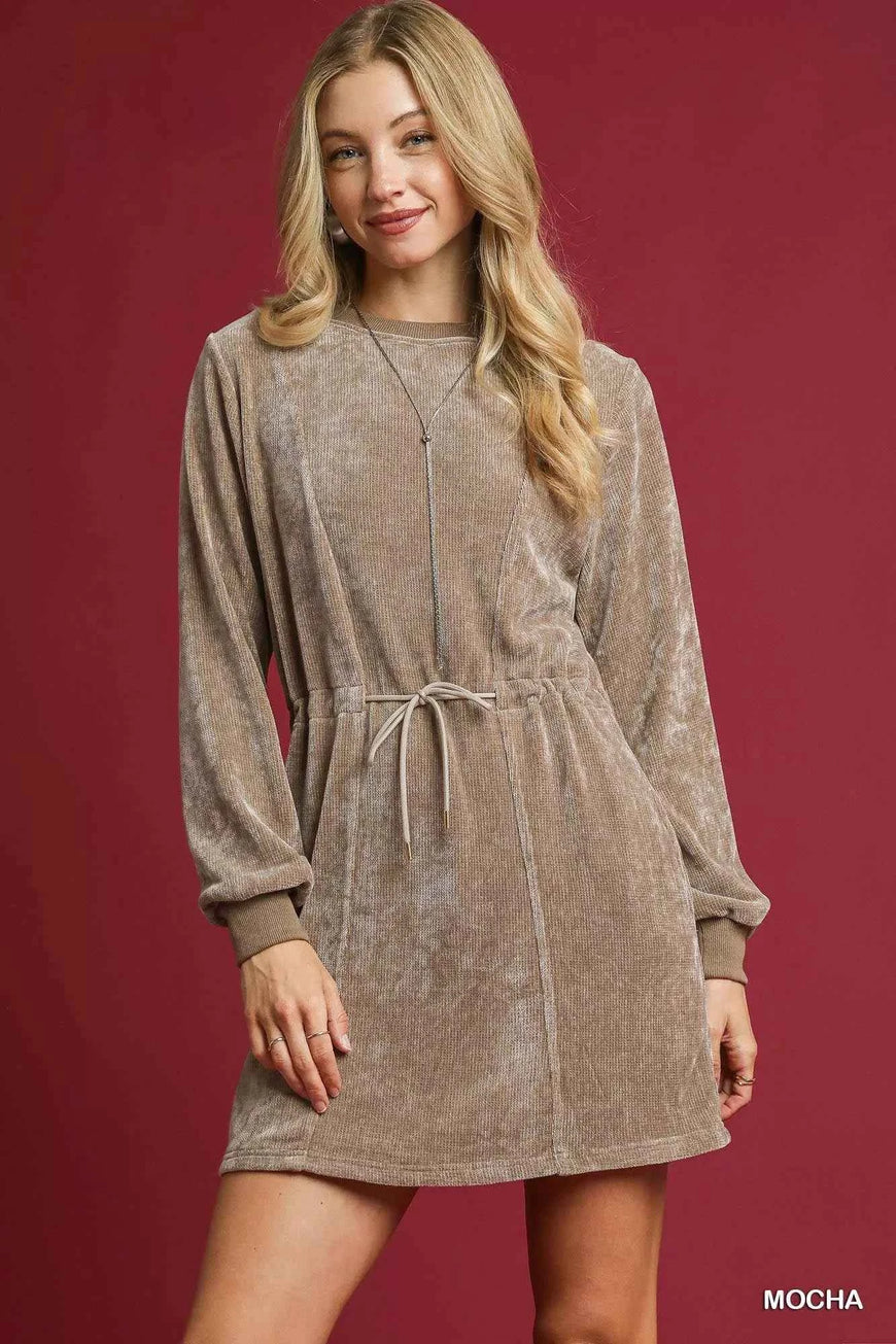 Umgee Velour Drawstring Mini Dress with Long Sleeves
