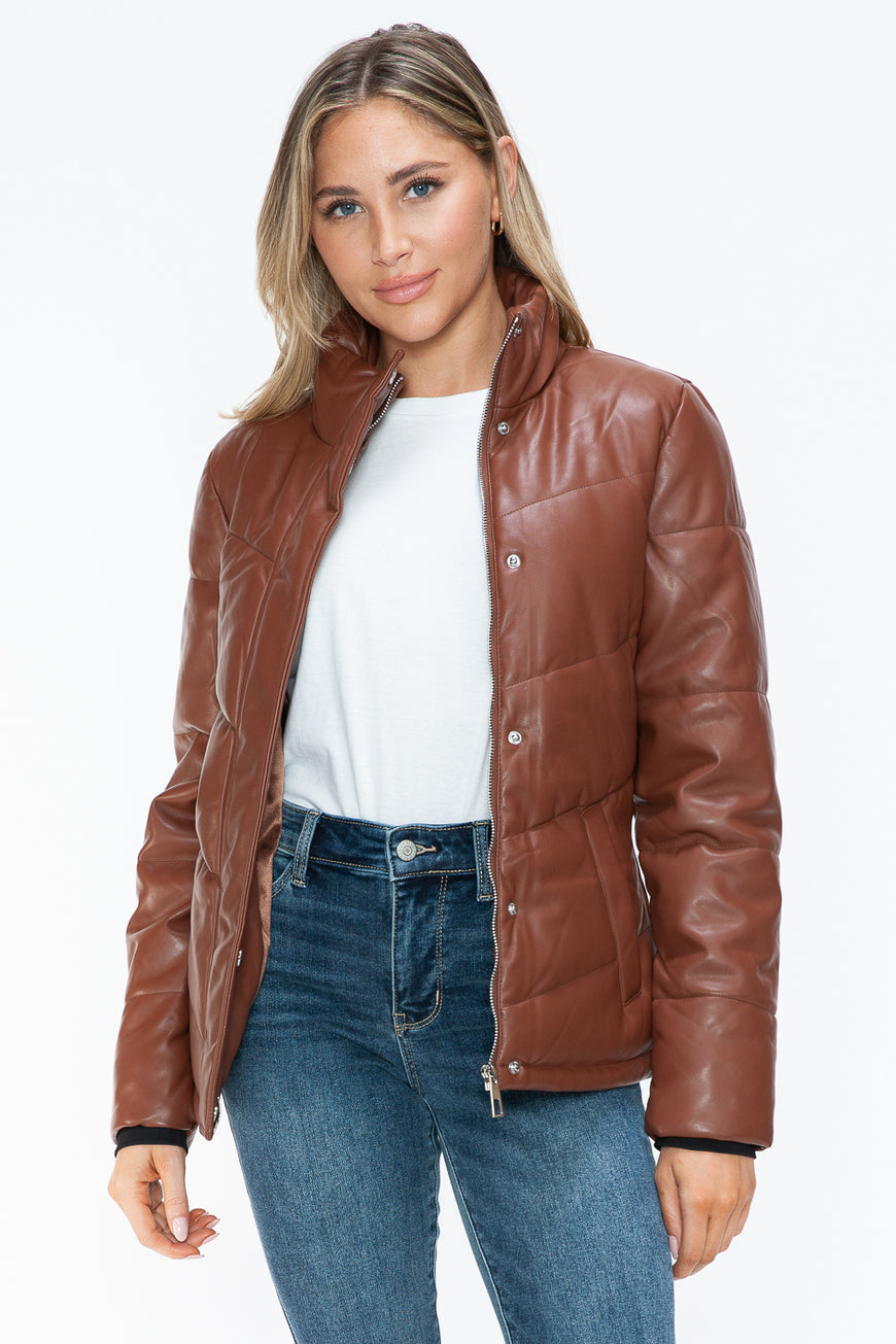 Snobbish Pocketed Zip Up Turtleneck Puffer Jacket - TopFashionHQ